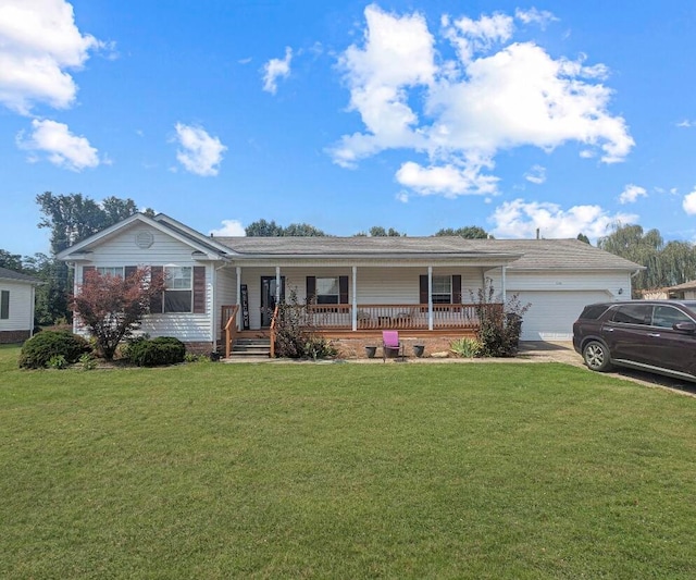 single story home featuring a garage, a front yard, and covered porch