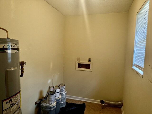 washroom with electric water heater and hookup for an electric dryer