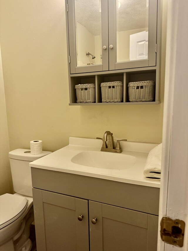 bathroom featuring vanity, toilet, and a textured ceiling