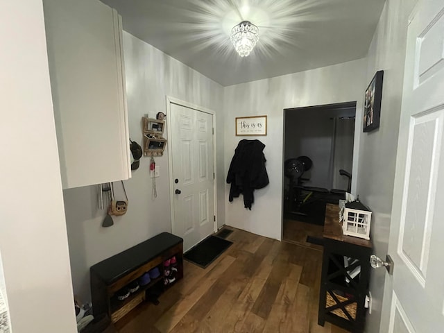 foyer featuring a notable chandelier and dark hardwood / wood-style flooring