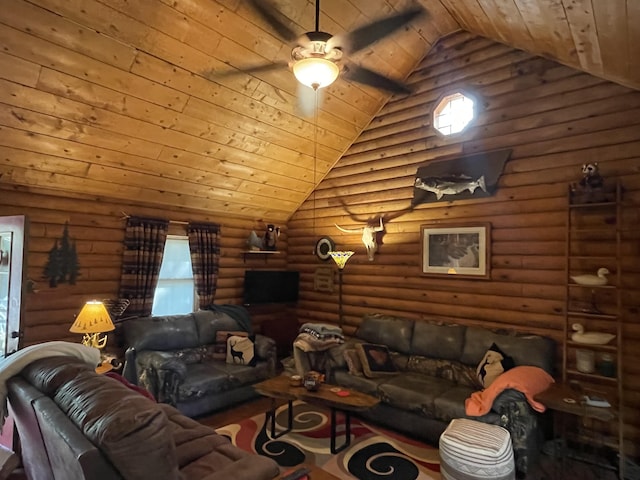 living room featuring rustic walls, lofted ceiling, and wooden ceiling