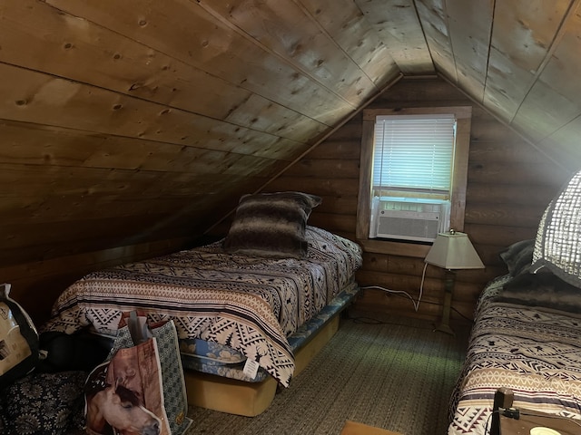 bedroom featuring vaulted ceiling, log walls, and cooling unit