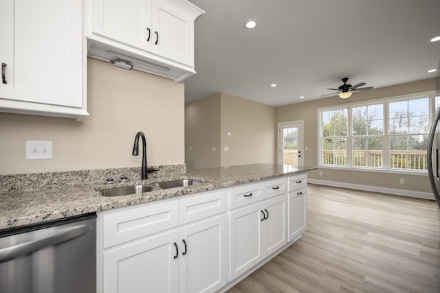 1814 Adkinson Dr, Richmond, KY 40475 - kitchen featuring dishwasher, a sink, a ceiling fan, recessed lighting, and white cabinetry