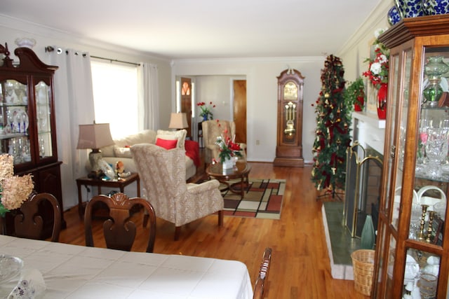 living room featuring crown molding and wood-type flooring