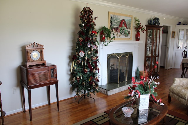 living room with crown molding and hardwood / wood-style floors