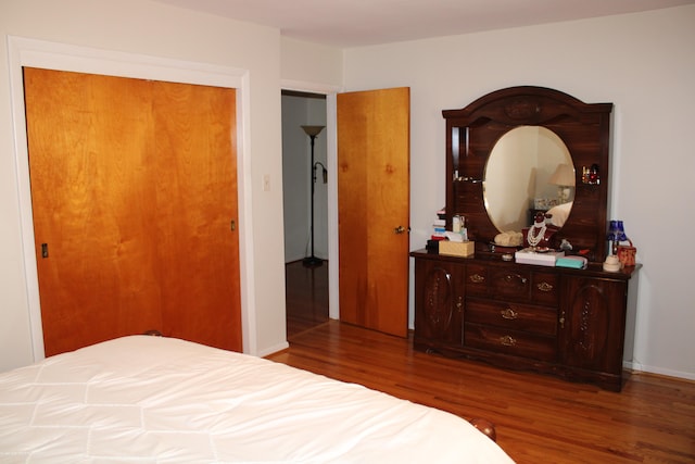 bedroom featuring dark wood-type flooring and a closet