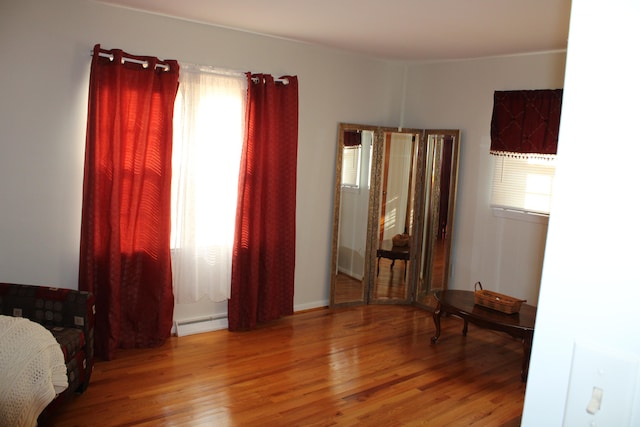 bedroom with multiple windows, baseboard heating, and light hardwood / wood-style floors