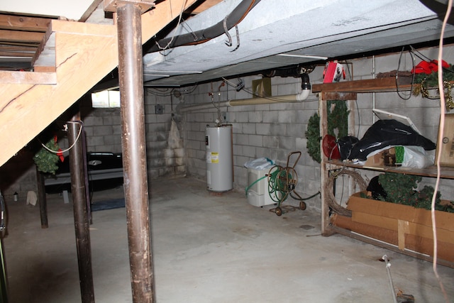 basement featuring electric water heater