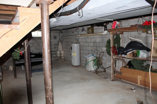 unfinished below grade area featuring water heater