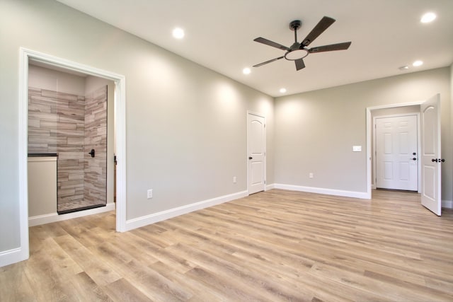 unfurnished bedroom with light hardwood / wood-style flooring and ceiling fan