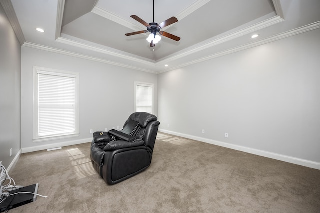 living area with carpet, baseboards, and a raised ceiling