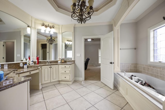 full bathroom with a garden tub, vanity, tile patterned floors, a tray ceiling, and crown molding