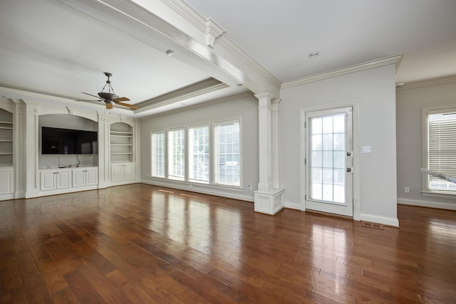 unfurnished living room with a ceiling fan, wood-type flooring, baseboards, and ornate columns