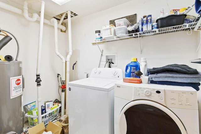 laundry area with laundry area, water heater, and washer and clothes dryer