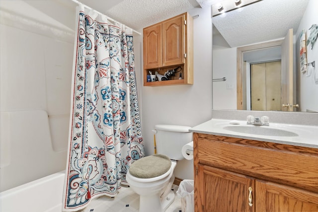 bathroom with shower / bath combination with curtain, toilet, a textured ceiling, and vanity