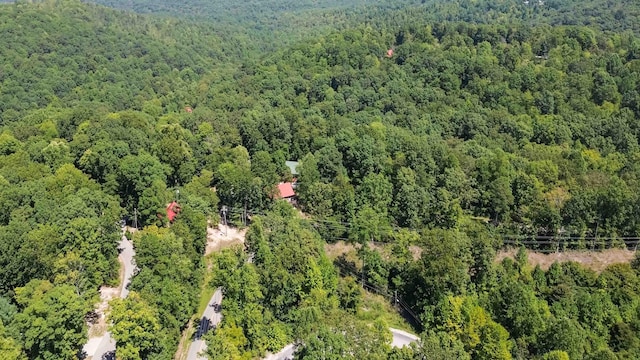 bird's eye view with a wooded view