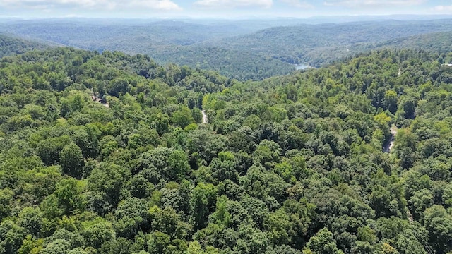 drone / aerial view featuring a wooded view