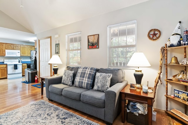 living room featuring vaulted ceiling and light wood-style flooring