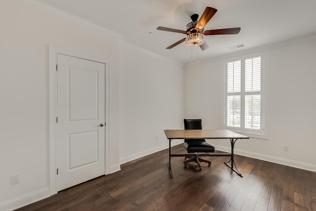 office area with plenty of natural light, dark hardwood / wood-style floors, crown molding, and ceiling fan