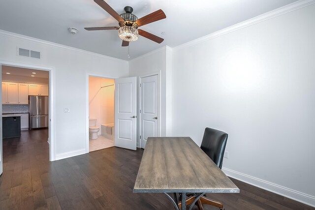 office area with dark hardwood / wood-style flooring, ceiling fan, and ornamental molding