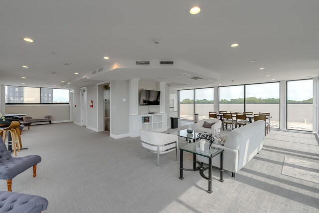 living room with light carpet and a wealth of natural light