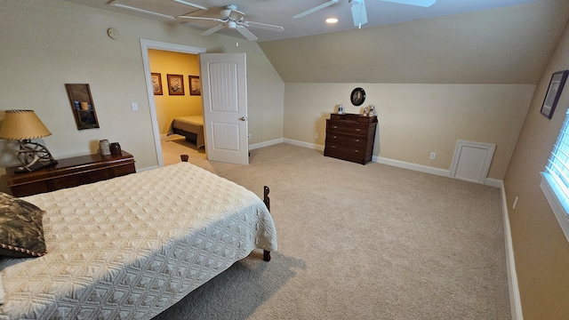 carpeted bedroom with lofted ceiling and ceiling fan