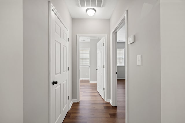 corridor featuring dark wood-type flooring