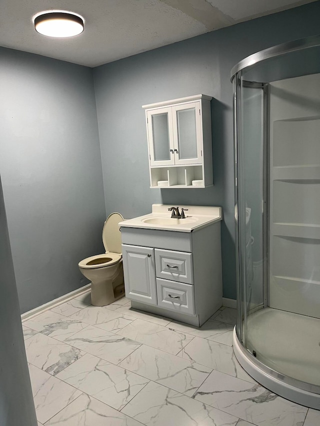 bathroom with vanity, toilet, and a shower with shower door