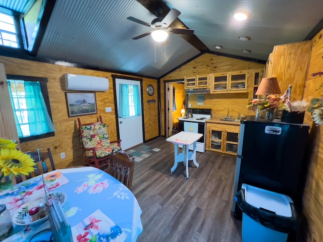 bedroom featuring a wall unit AC, wood walls, dark hardwood / wood-style flooring, ceiling fan, and lofted ceiling