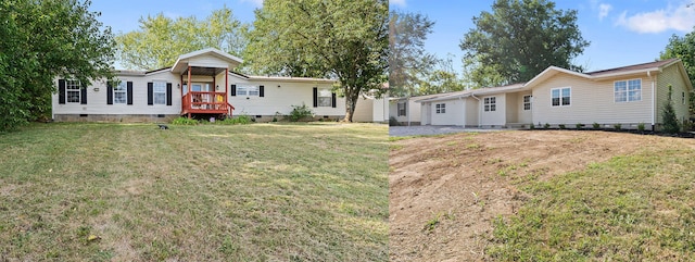 rear view of property featuring a wooden deck and a lawn