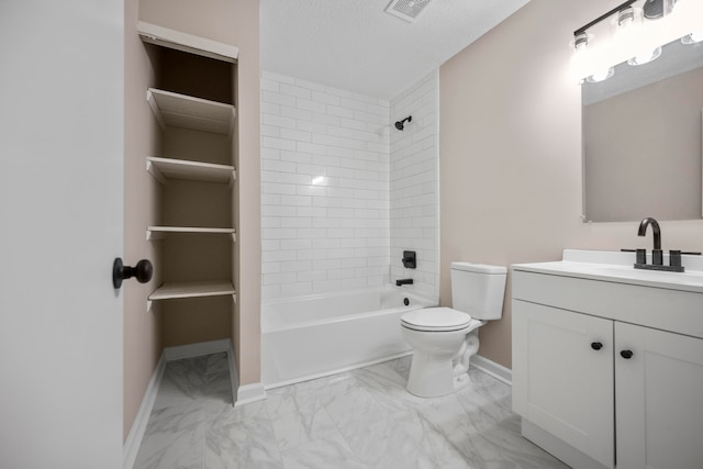 full bathroom with toilet, tiled shower / bath combo, a textured ceiling, and vanity