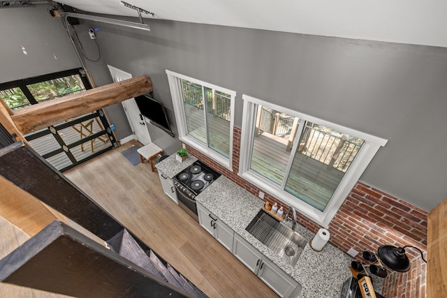 living room with light wood-type flooring and high vaulted ceiling