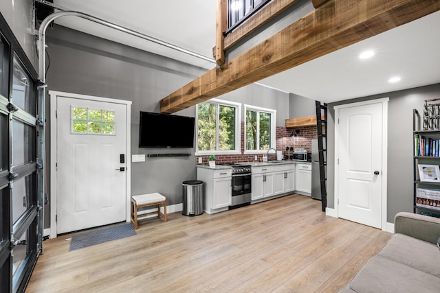 living room with a wealth of natural light, sink, and light hardwood / wood-style flooring