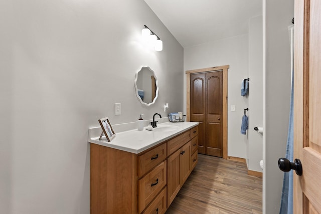 bathroom with wood finished floors and vanity