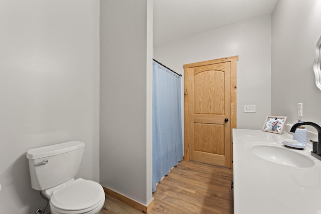 bathroom featuring vanity, toilet, and wood finished floors