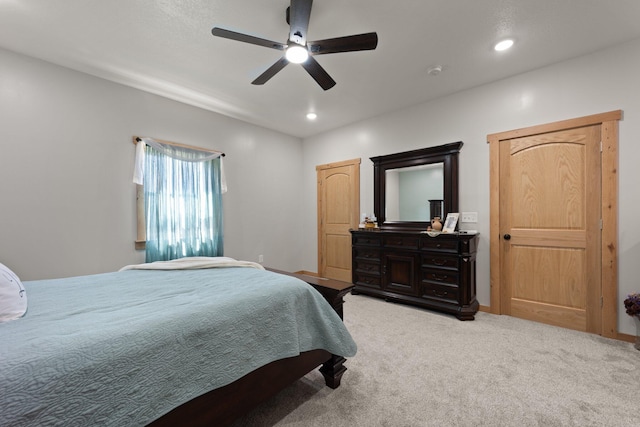 bedroom with ceiling fan, carpet flooring, and recessed lighting