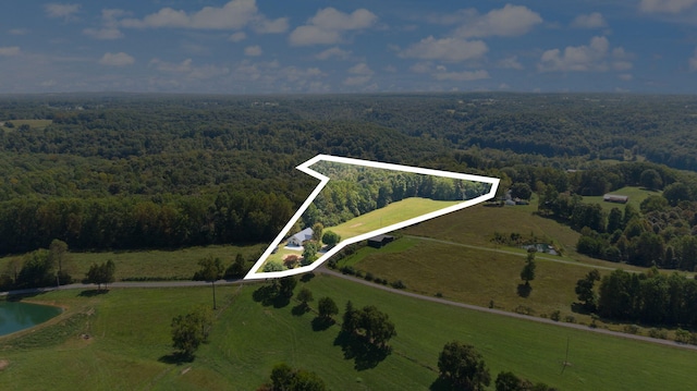 birds eye view of property with a water view, a forest view, and a rural view