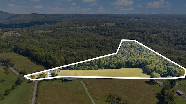 birds eye view of property featuring a wooded view