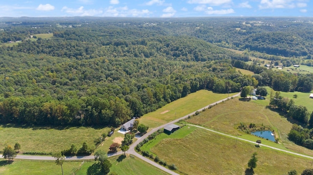 birds eye view of property featuring a water view and a view of trees