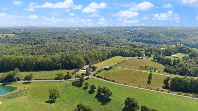 drone / aerial view featuring a rural view, a water view, and a wooded view