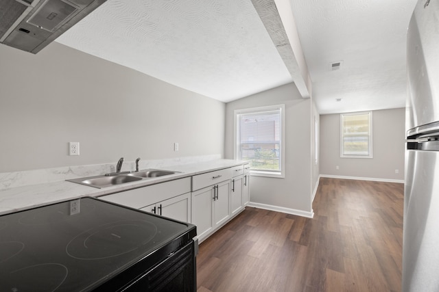 kitchen featuring white cabinets, vaulted ceiling, electric range, sink, and dark wood-type flooring