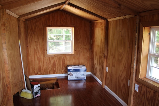 interior space with dark wood-type flooring, wood walls, and lofted ceiling