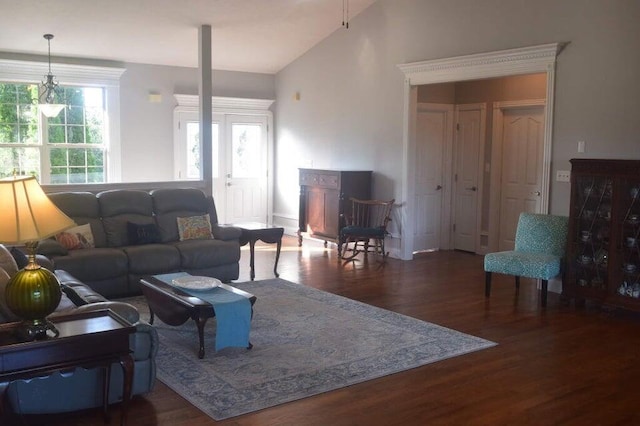 living room featuring lofted ceiling and dark wood-type flooring