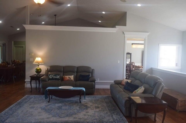 living room with lofted ceiling, ceiling fan, and wood-type flooring