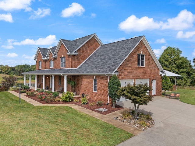 view of front of property featuring a garage, a porch, and a front yard