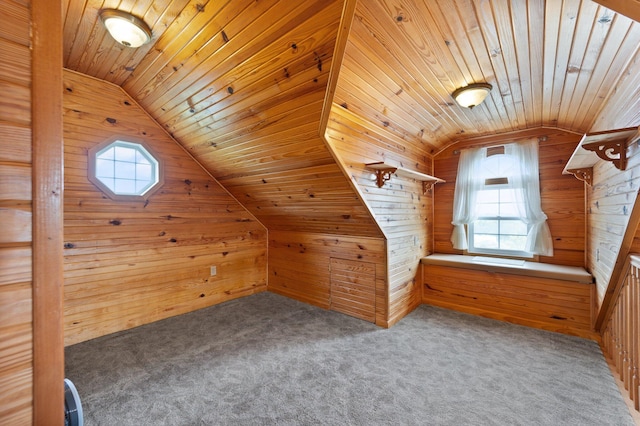 additional living space featuring carpet, wooden walls, and wood ceiling