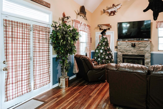 living room featuring a wealth of natural light, dark hardwood / wood-style flooring, and a fireplace