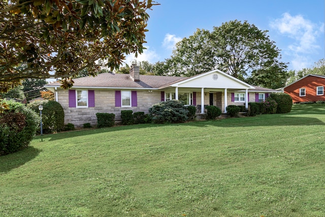 single story home with a front lawn and a porch