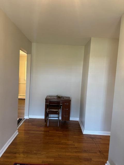 spare room with a baseboard radiator, baseboards, and wood finished floors