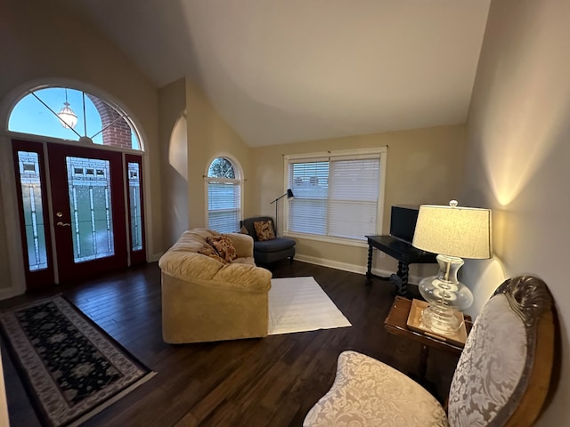 living room with dark wood-type flooring and high vaulted ceiling